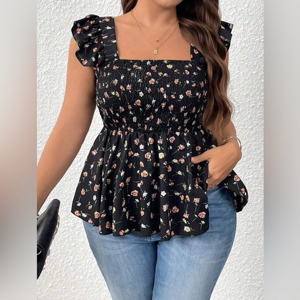 SHEIN Black Floral Smocked Square-Neck Peplum Blouse